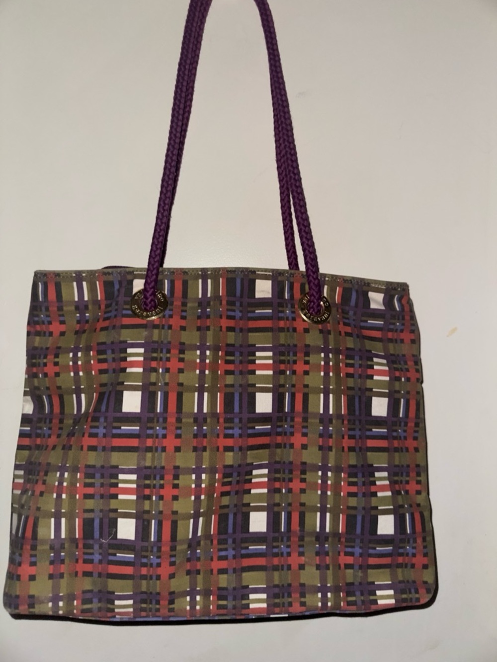 Valentino Garavani Olive & Purple Plaid Tote with Purple Rope Handles